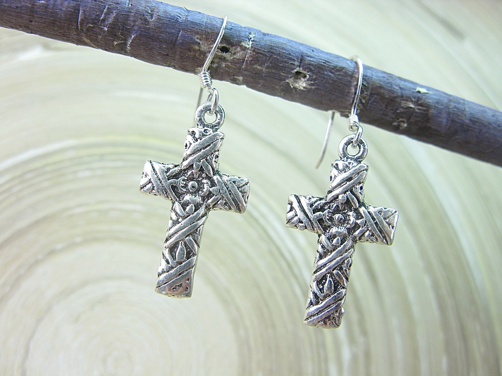 Cross Engrave Oxidized Dangle Drop 925 Sterling Silver Earrings Earrings - Faith Owl
