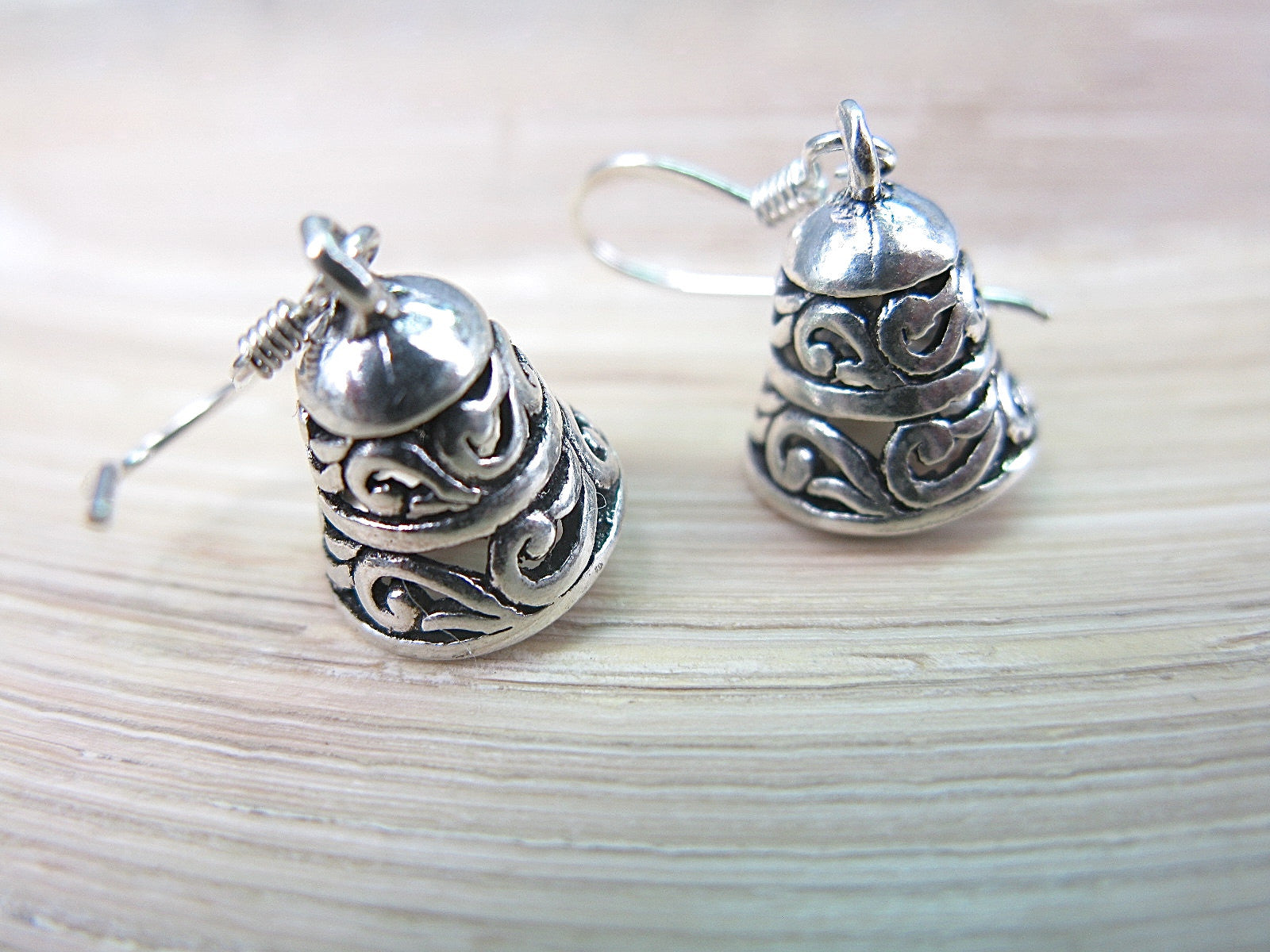 Bell Engrave Oxidized Dangle Drop 925 Sterling Silver Earrings Earrings - Faith Owl