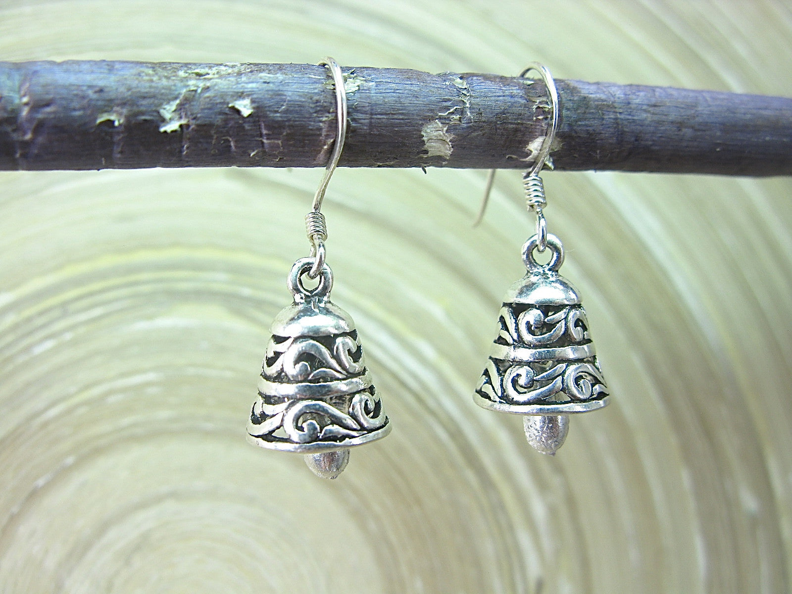 Bell Engrave Oxidized Dangle Drop 925 Sterling Silver Earrings Earrings - Faith Owl