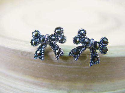 Ribbon Bow Marcasite 925 Sterling Silver Stud Earrings