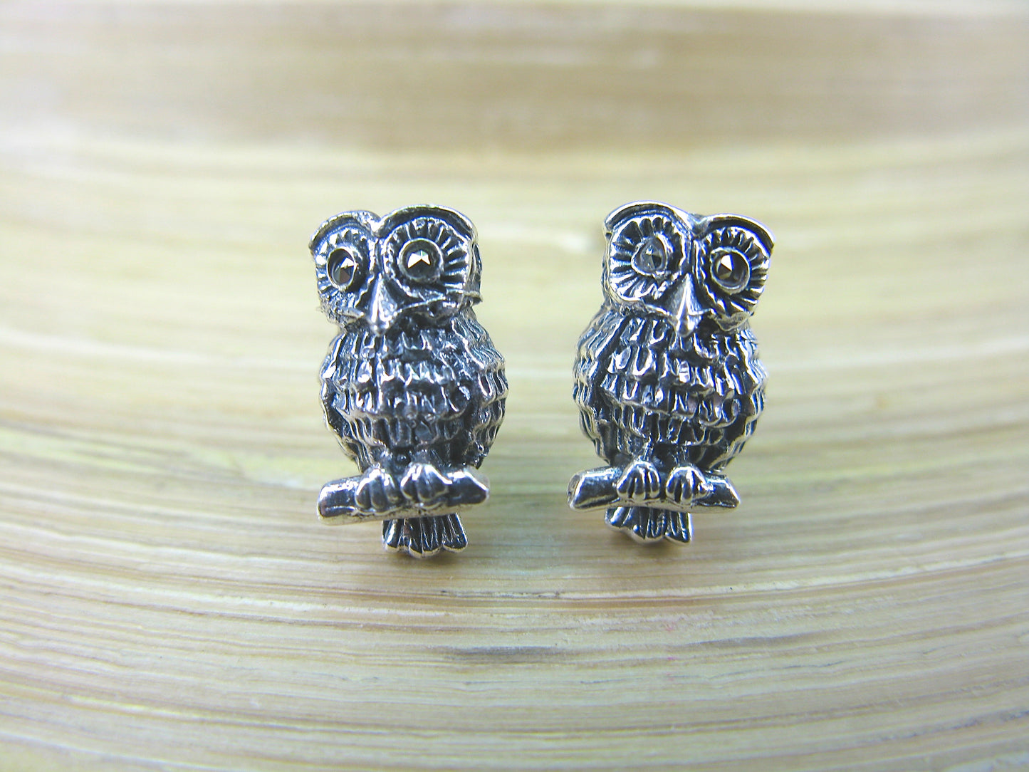 Owl Marcasite 925 Sterling Silver Stud Earrings