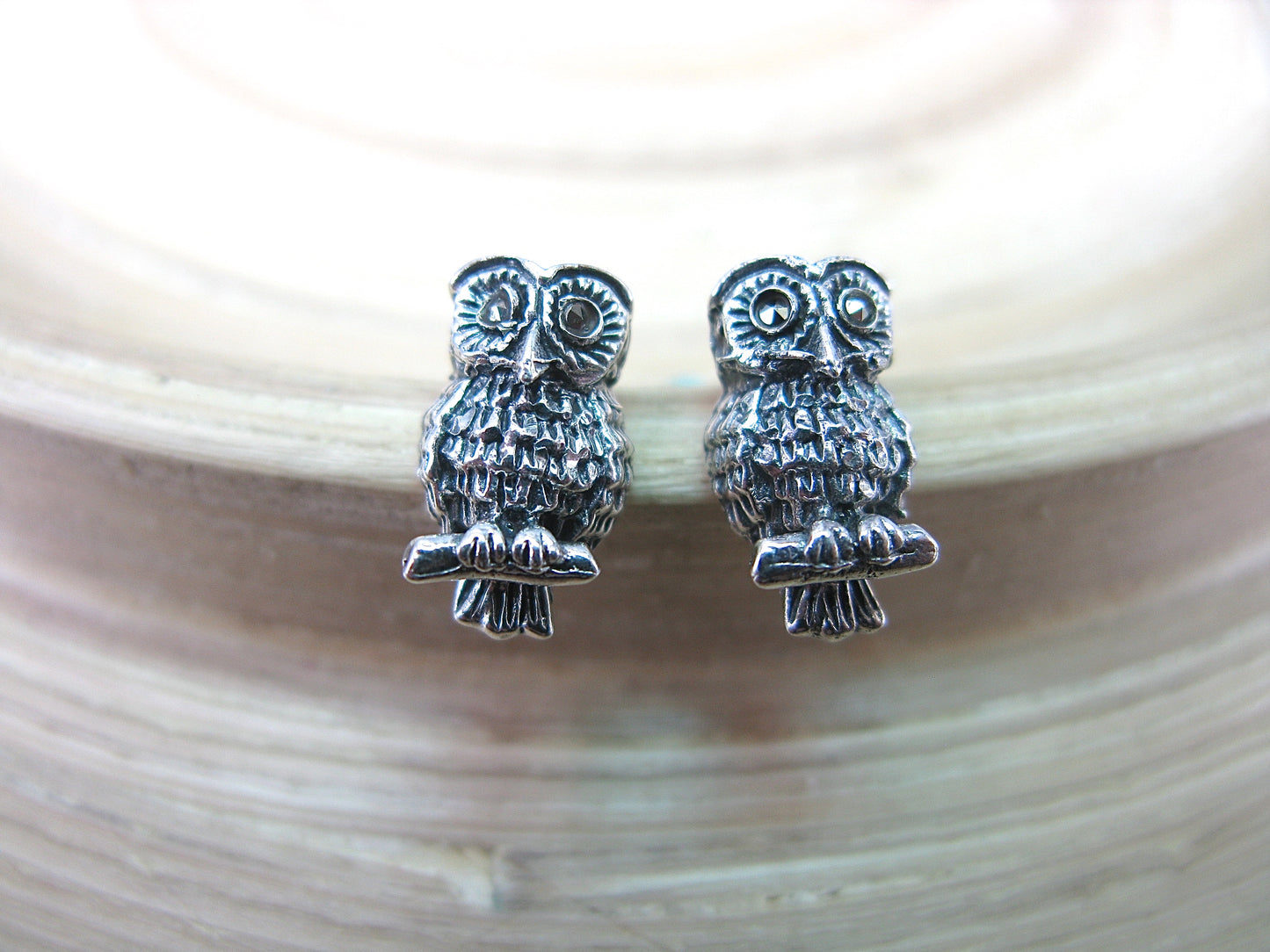 Owl Marcasite 925 Sterling Silver Stud Earrings