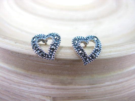 Heart Marcasite Vintage Look 925 Sterling Silver Stud Earrings