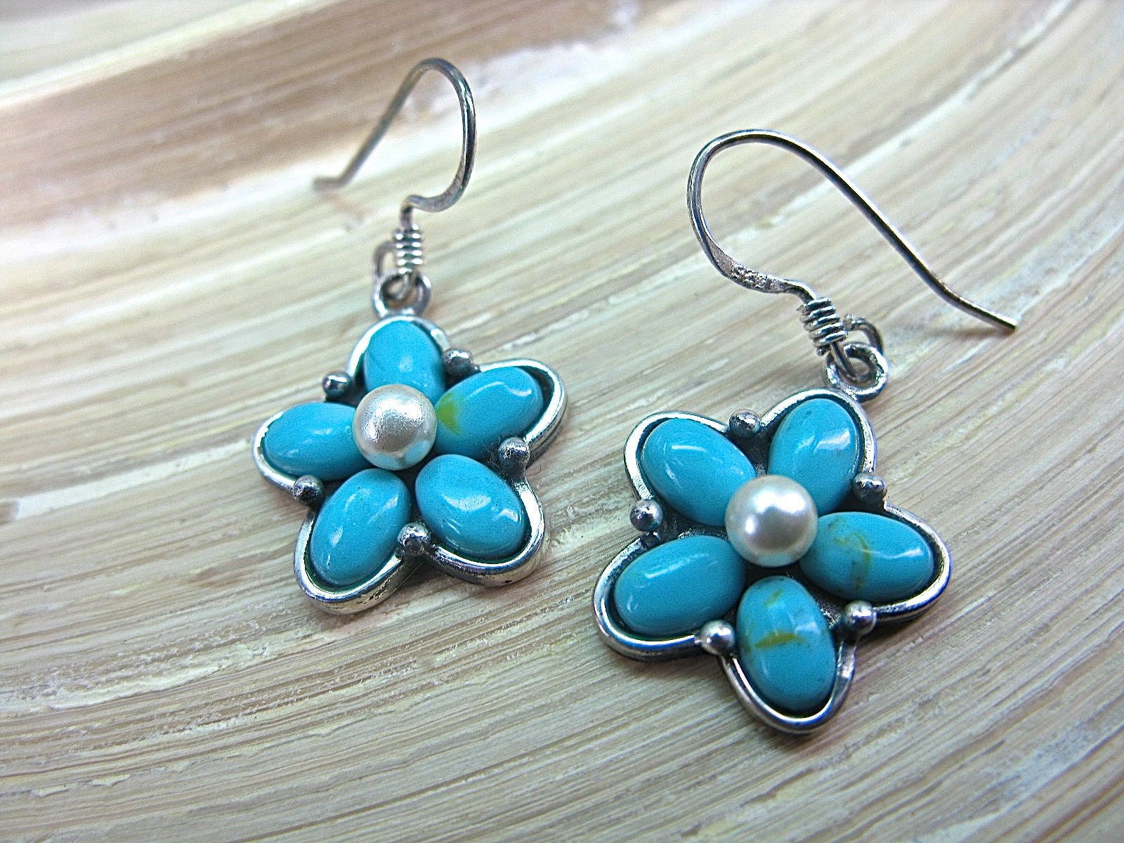 Turquoise Flower Dangle Oxidized 925 Sterling Silver Earrings Earrings Faith Owl - Faith Owl