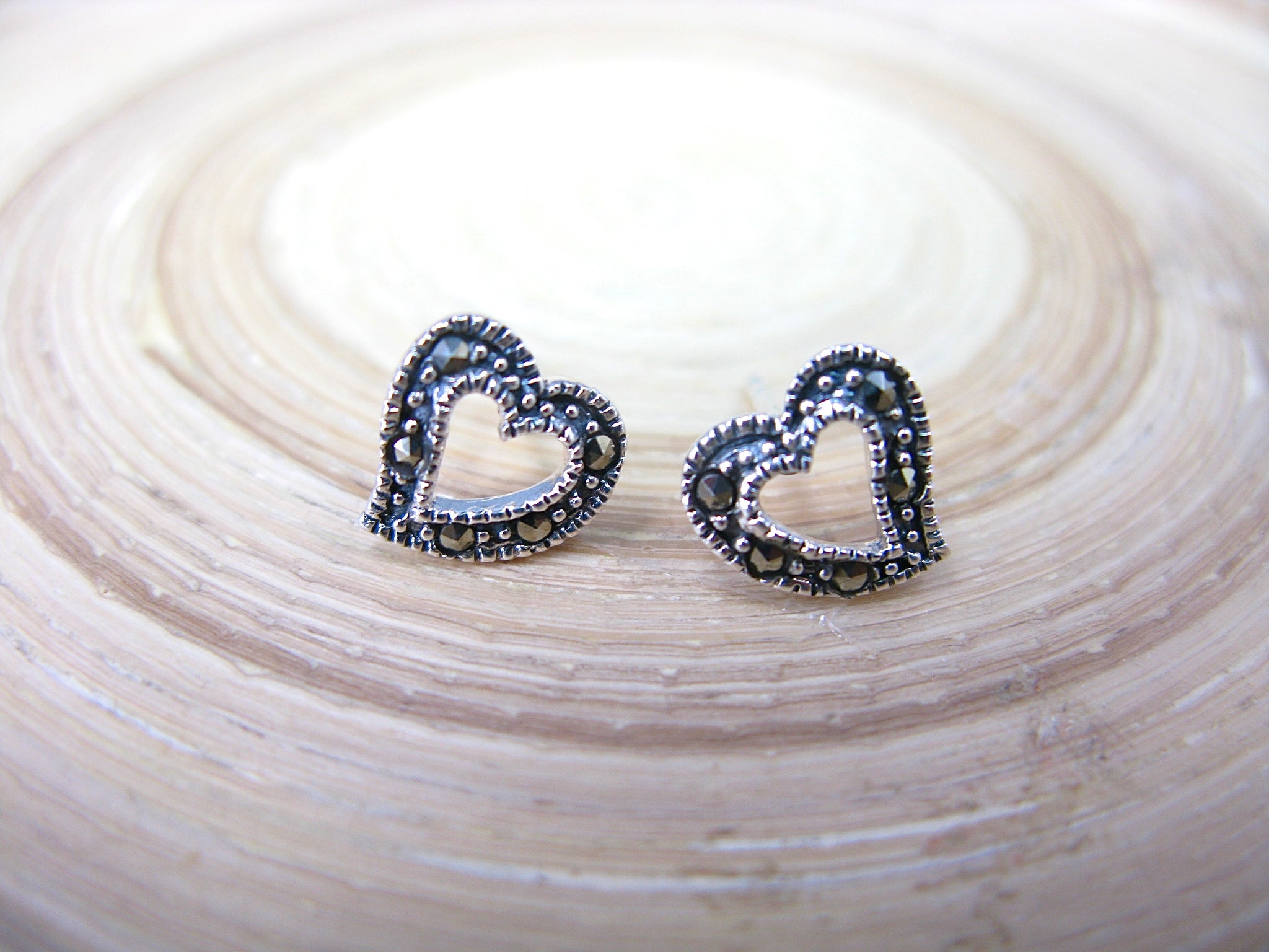 Heart Marcasite Vintage Look 925 Sterling Silver Stud Earrings