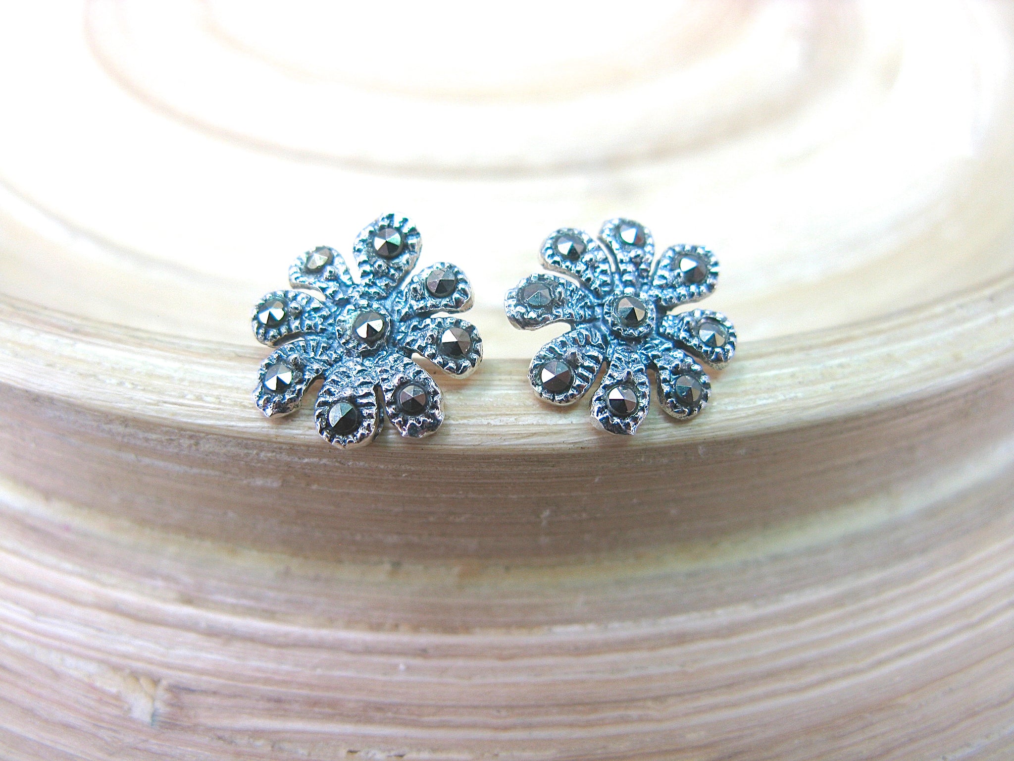 Flower Marcasite Stud Earrings in 925 Sterling Silver