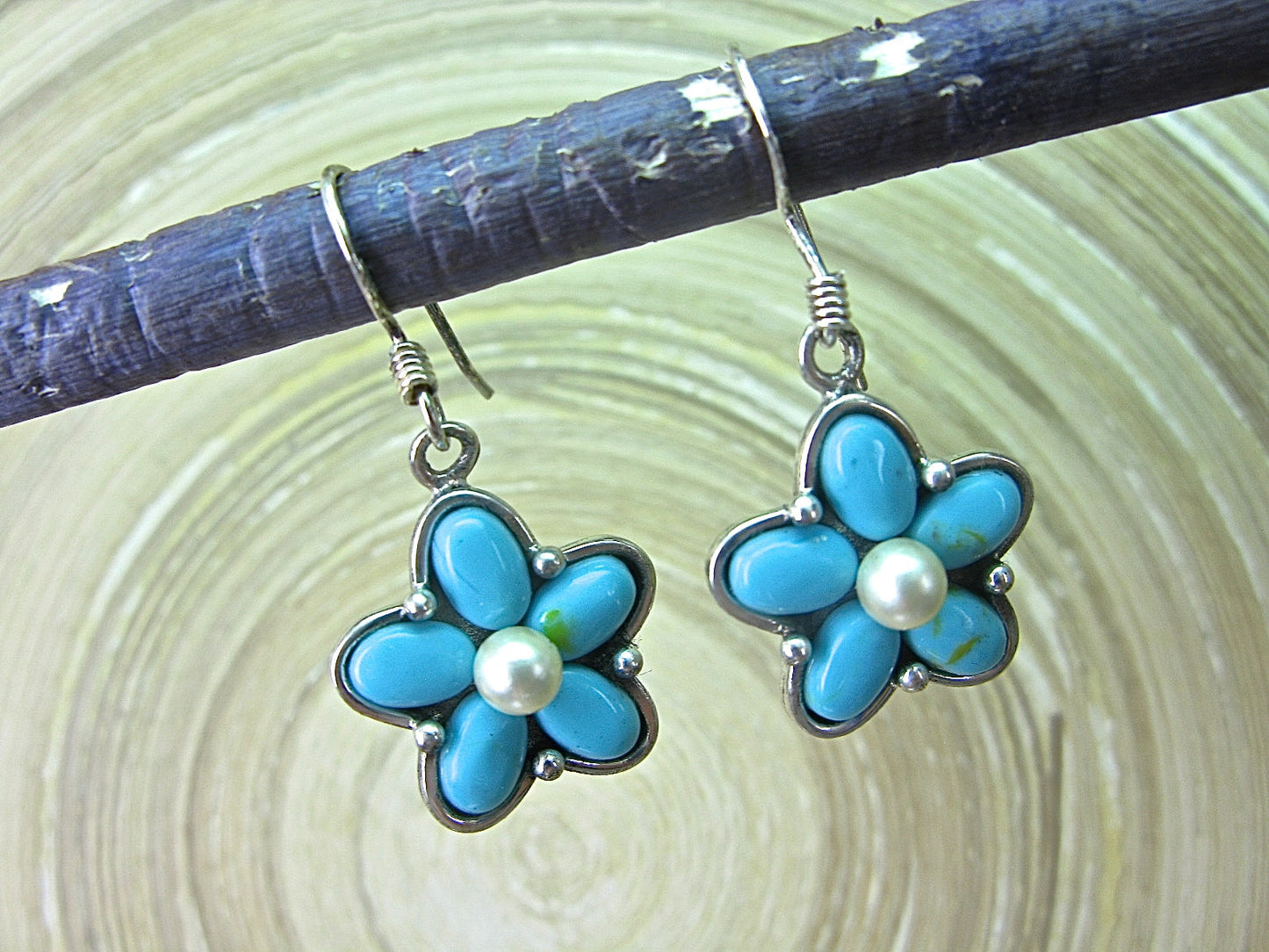 Turquoise Flower Dangle Oxidized 925 Sterling Silver Earrings Earrings Faith Owl - Faith Owl