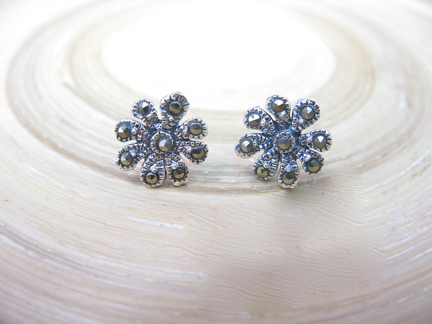 Flower Marcasite Stud Earrings in 925 Sterling Silver