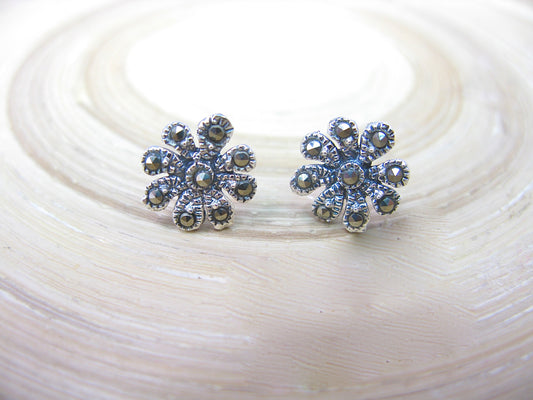 Flower Marcasite Stud Earrings in 925 Sterling Silver