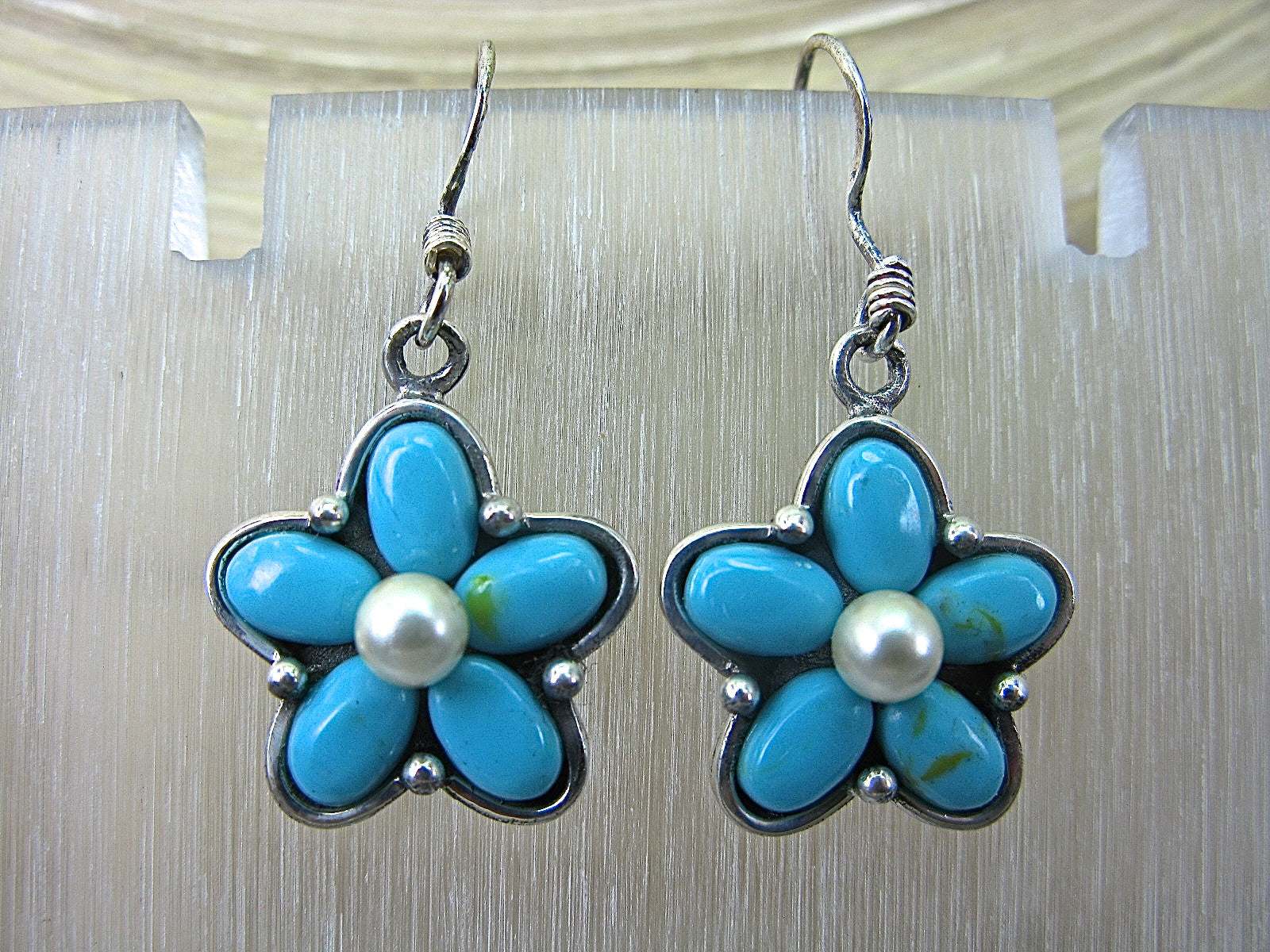 Turquoise Flower Dangle Oxidized 925 Sterling Silver Earrings Earrings Faith Owl - Faith Owl