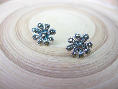 Flower Marcasite Stud Earrings in 925 Sterling Silver