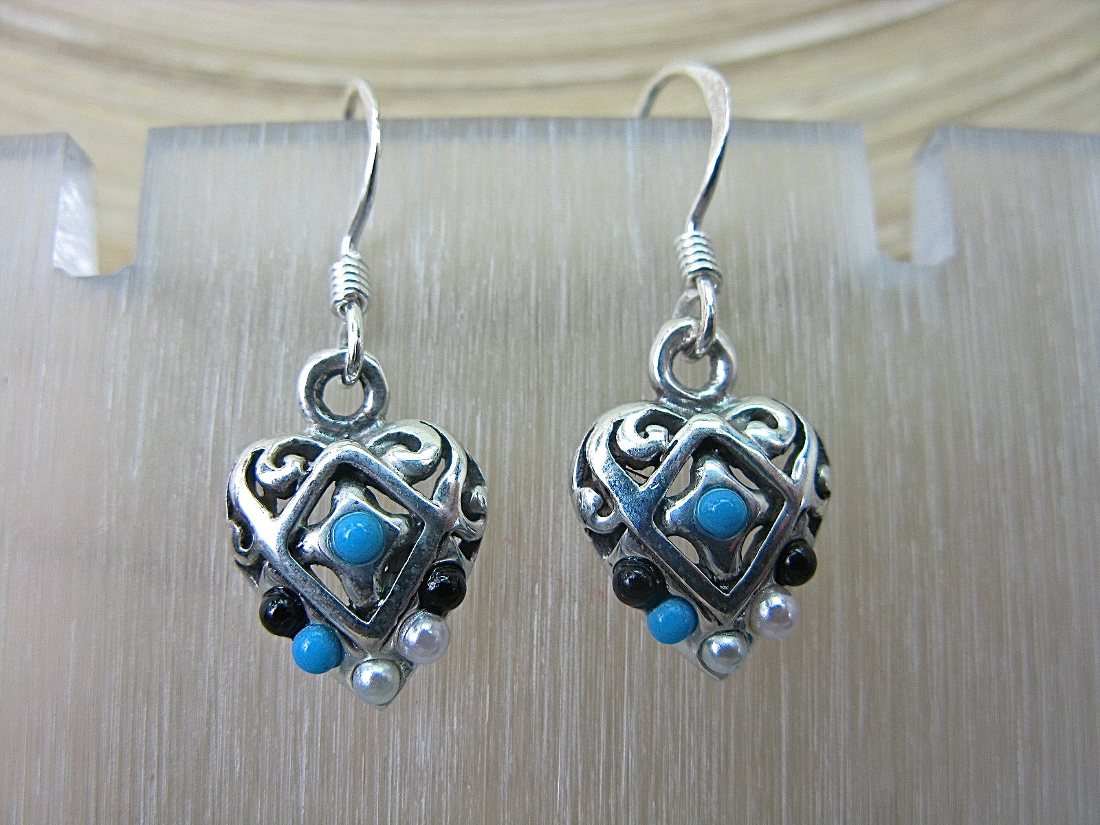 Filigree Heart Turquoise Pearl Onyx Dangle Oxidized 925 Sterling Silver Earrings Earrings - Faith Owl