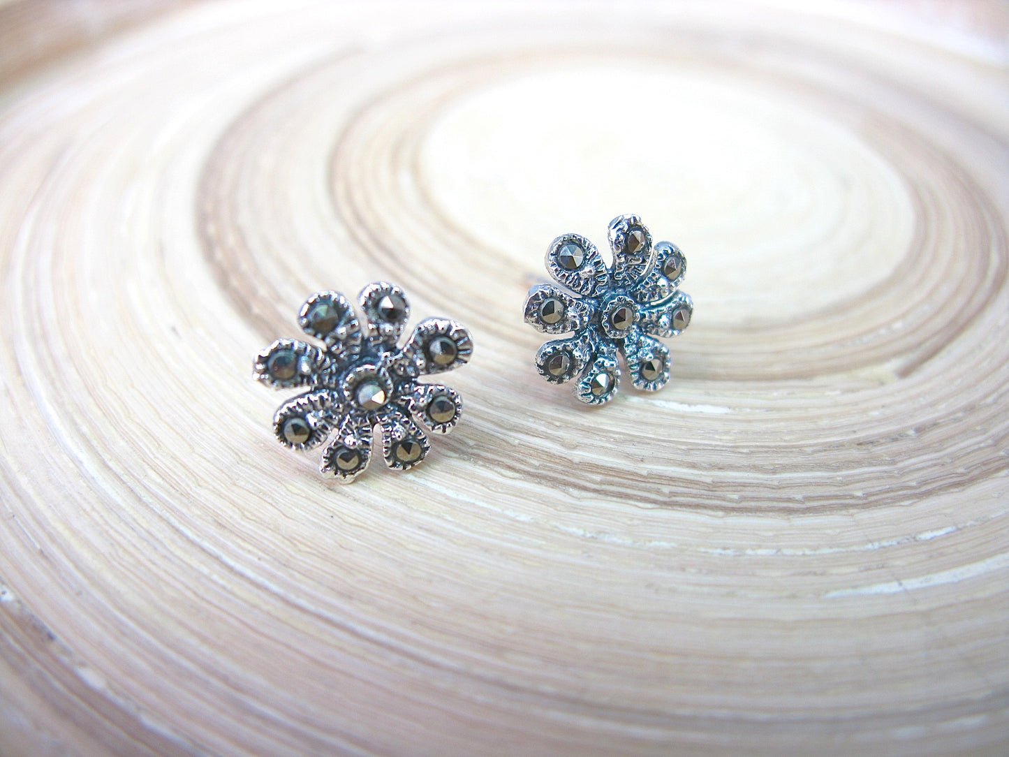 Flower Marcasite Stud Earrings in 925 Sterling Silver