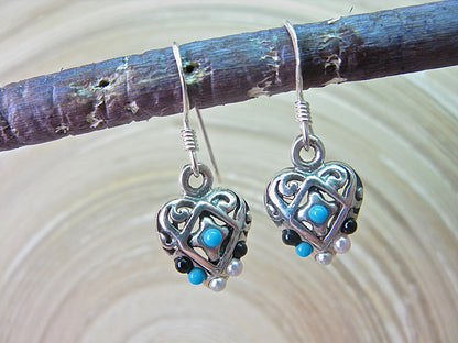 Filigree Heart Turquoise Pearl Onyx Dangle Oxidized 925 Sterling Silver Earrings Earrings Faith Owl - Faith Owl