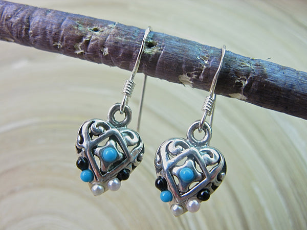 Filigree Heart Turquoise Pearl Onyx Dangle Oxidized 925 Sterling Silver Earrings Earrings - Faith Owl