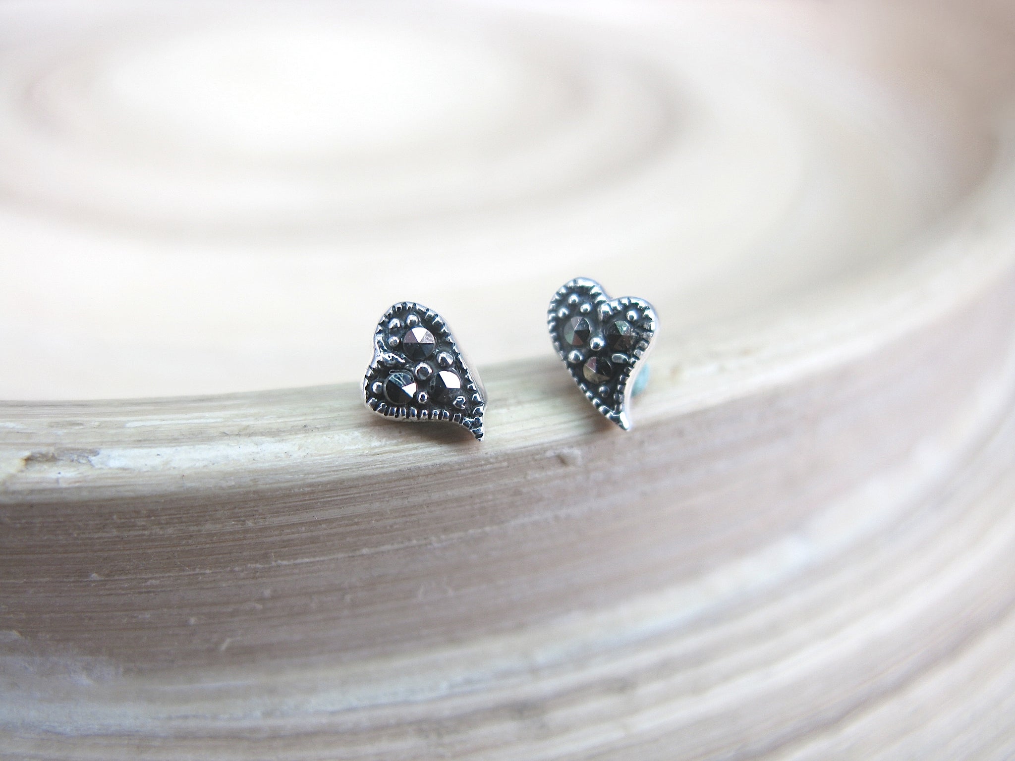 Heart Marcasite Minimalist Stud Earrings in 925 Sterling Silver