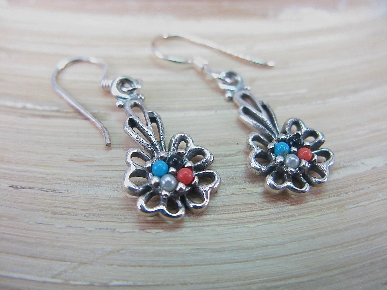 Flower Turquoise Coral Pearl Dangle Oxidized 925 Sterling Silver Earrings Earrings Faith Owl - Faith Owl