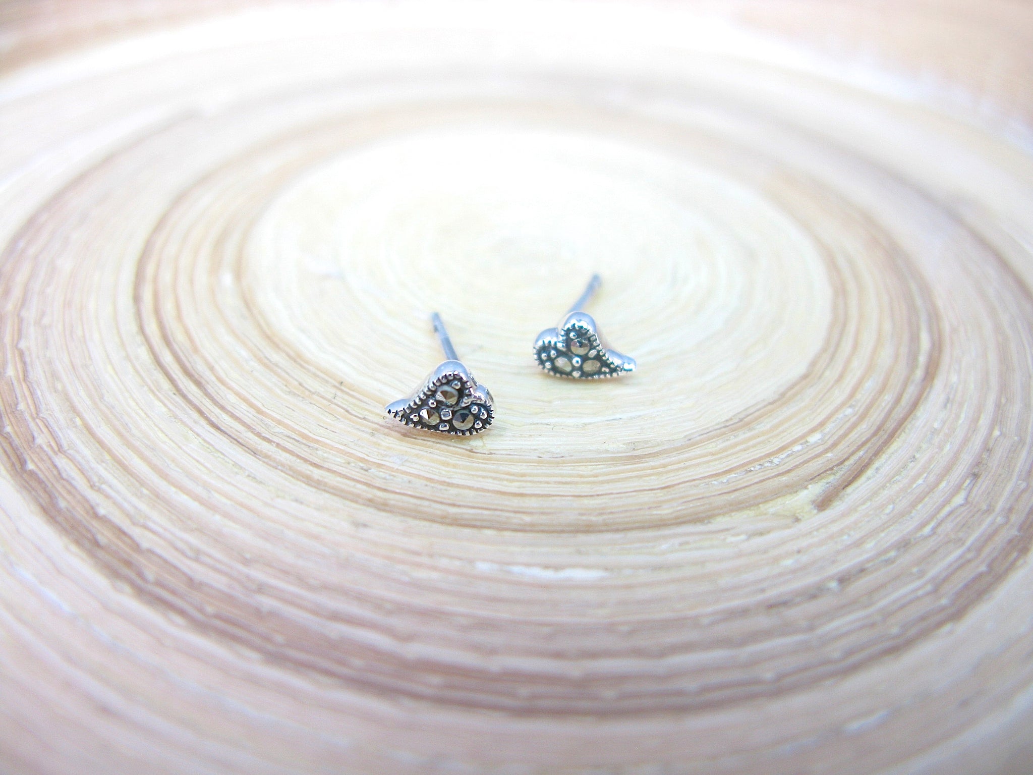 Heart Marcasite Minimalist Stud Earrings in 925 Sterling Silver
