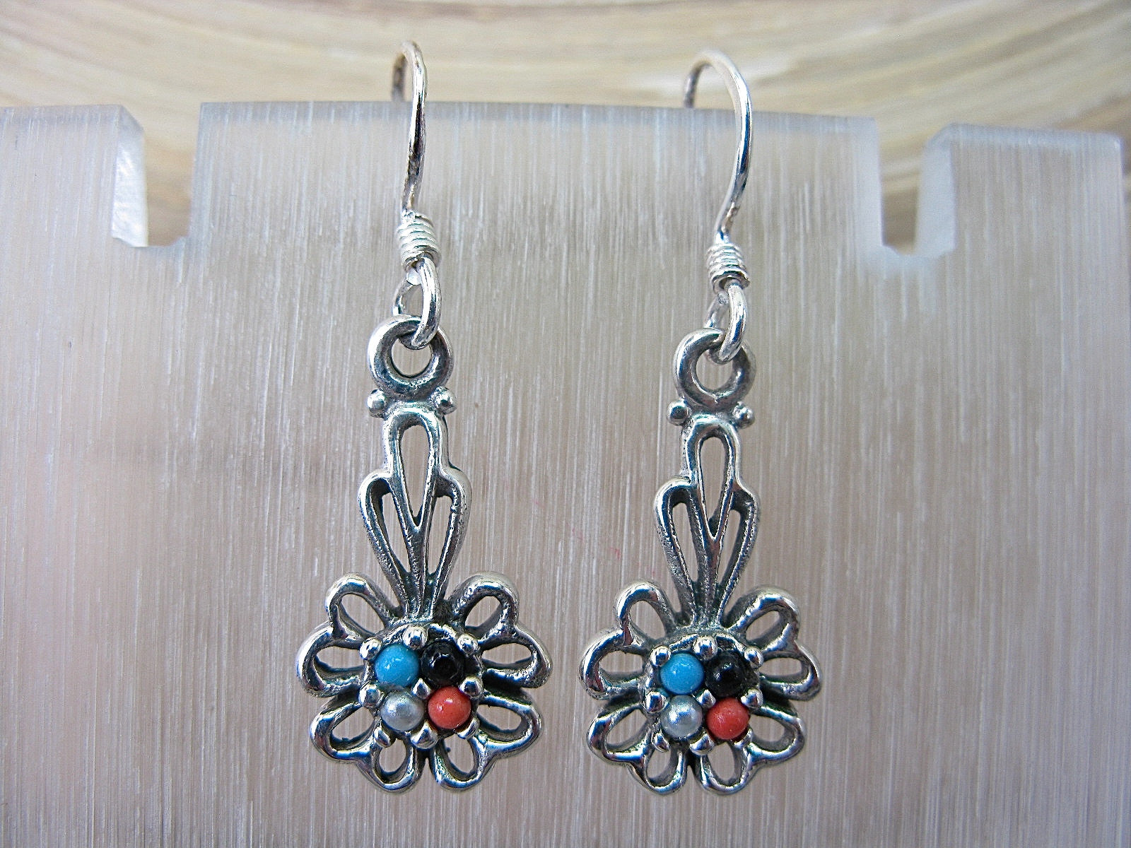 Flower Turquoise Coral Pearl Dangle Oxidized 925 Sterling Silver Earrings Earrings Faith Owl - Faith Owl