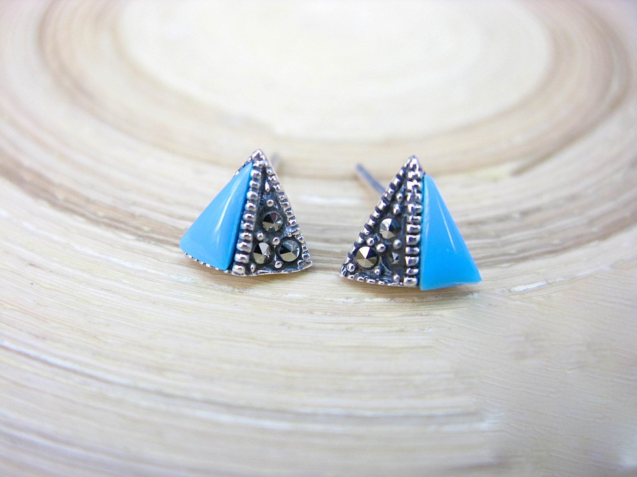 Triangle Marcasite Turquoise 925 Sterling Silver Stud Earrings