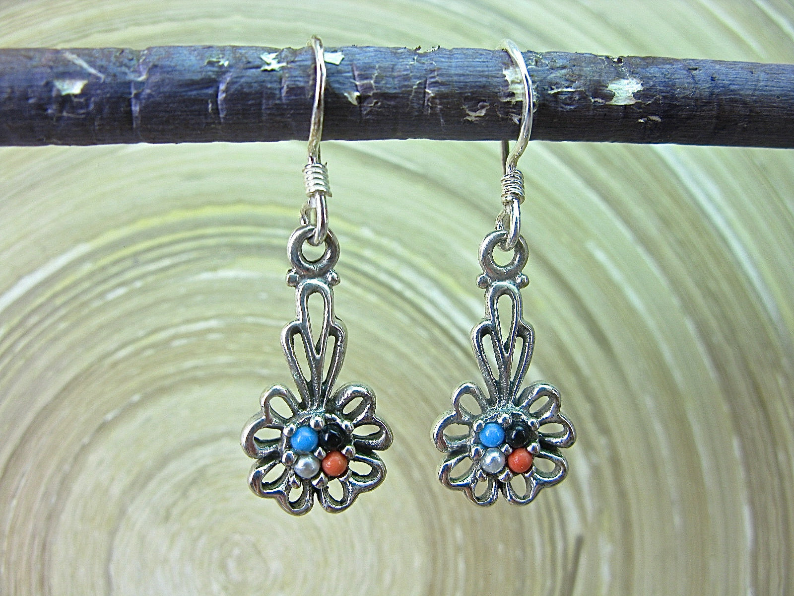 Flower Turquoise Coral Pearl Dangle Oxidized 925 Sterling Silver Earrings Earrings Faith Owl - Faith Owl