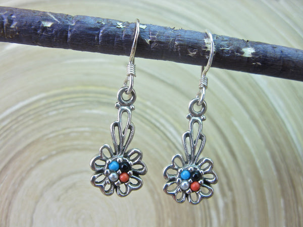 Flower Turquoise Coral Pearl Dangle Oxidized 925 Sterling Silver Earrings Earrings - Faith Owl