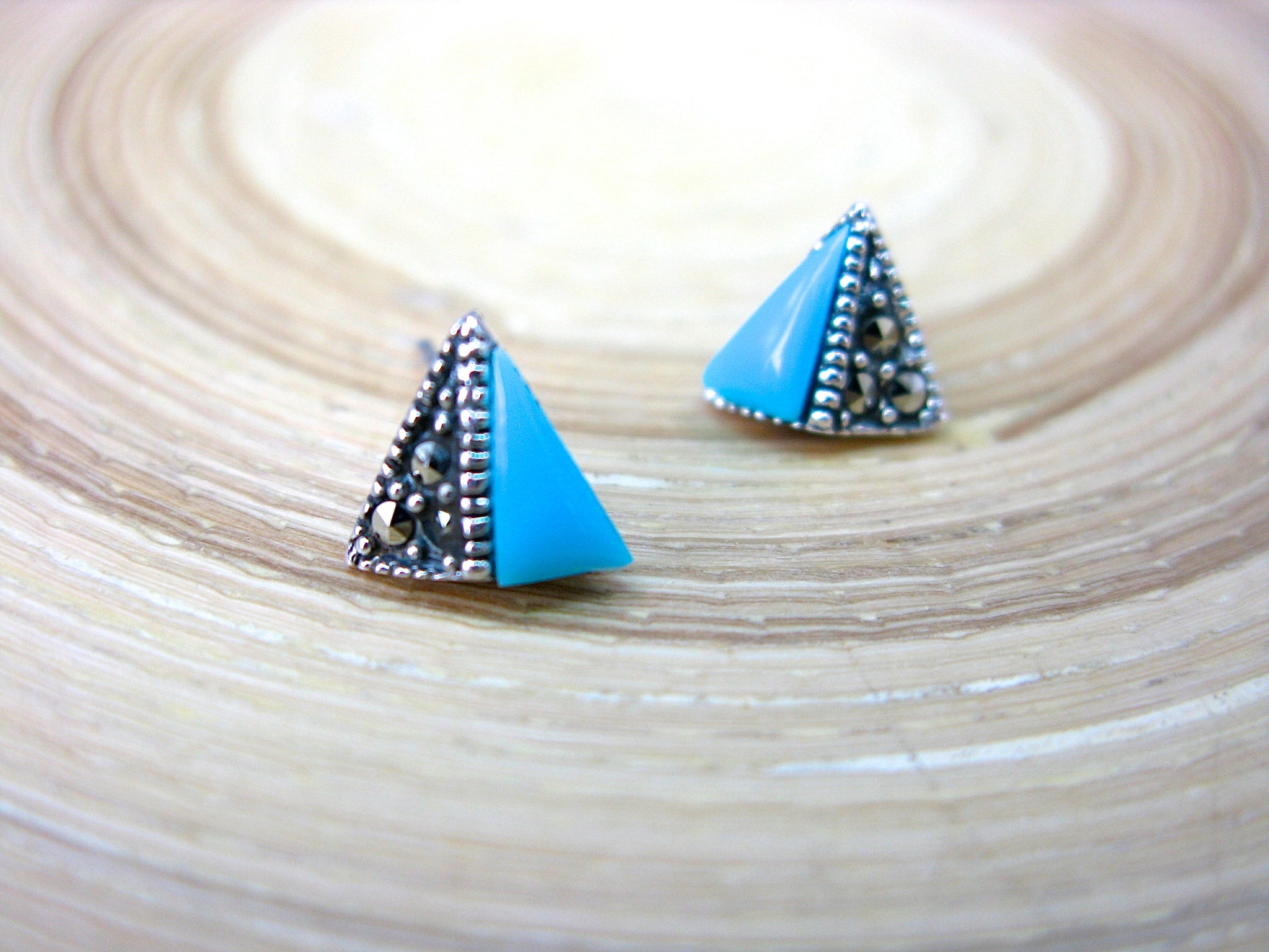Triangle Marcasite Turquoise 925 Sterling Silver Stud Earrings