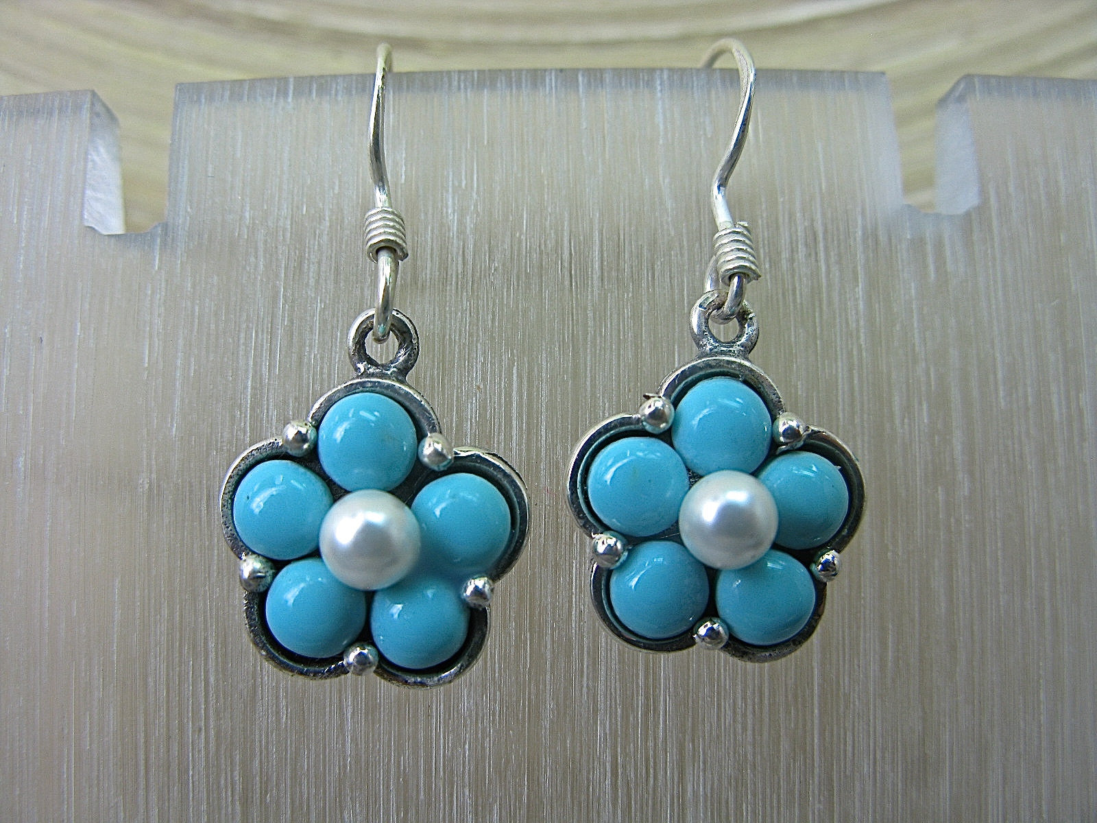Flower Turquoise Fresh Water Pearl Dangle 925 Sterling Silver Earrings