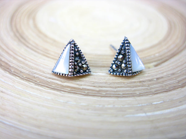 Triangle Marcasite Mother of Pearl 925 Sterling Silver Stud Earrings