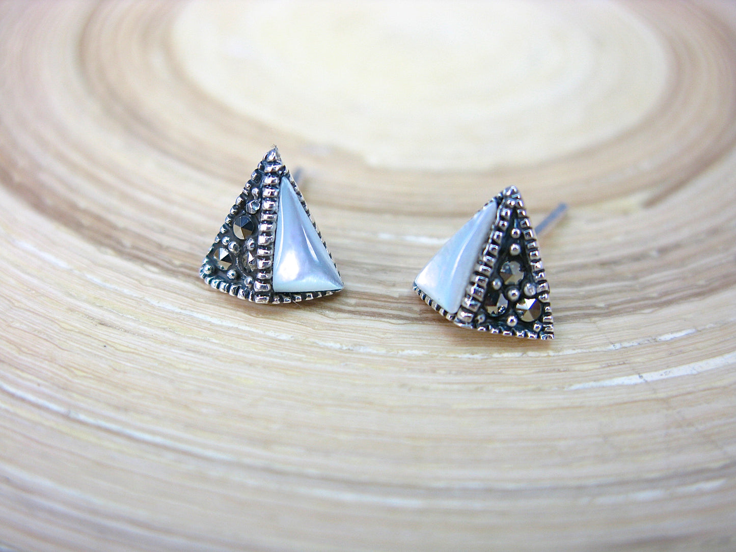 Triangle Marcasite Mother of Pearl 925 Sterling Silver Stud Earrings