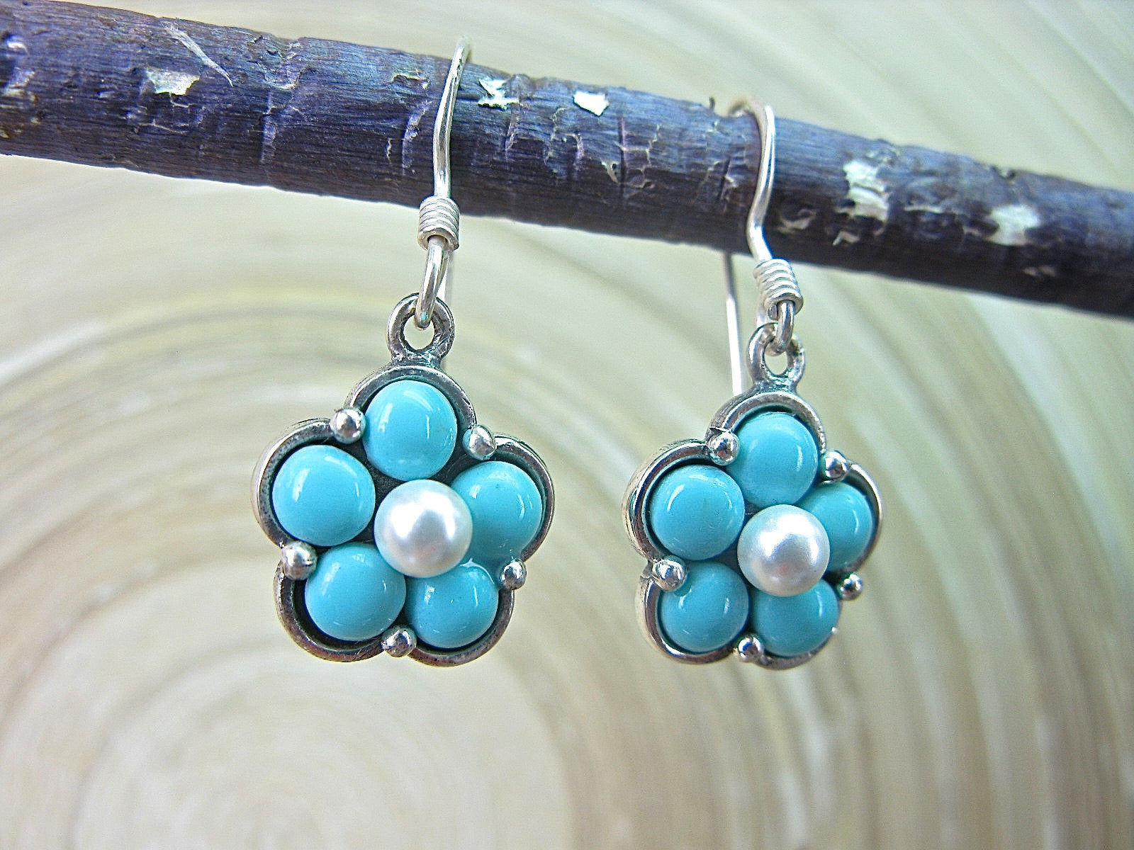 Turquoise Flower Pearl Dangle 925 Sterling Silver Earrings Earrings Faith Owl - Faith Owl