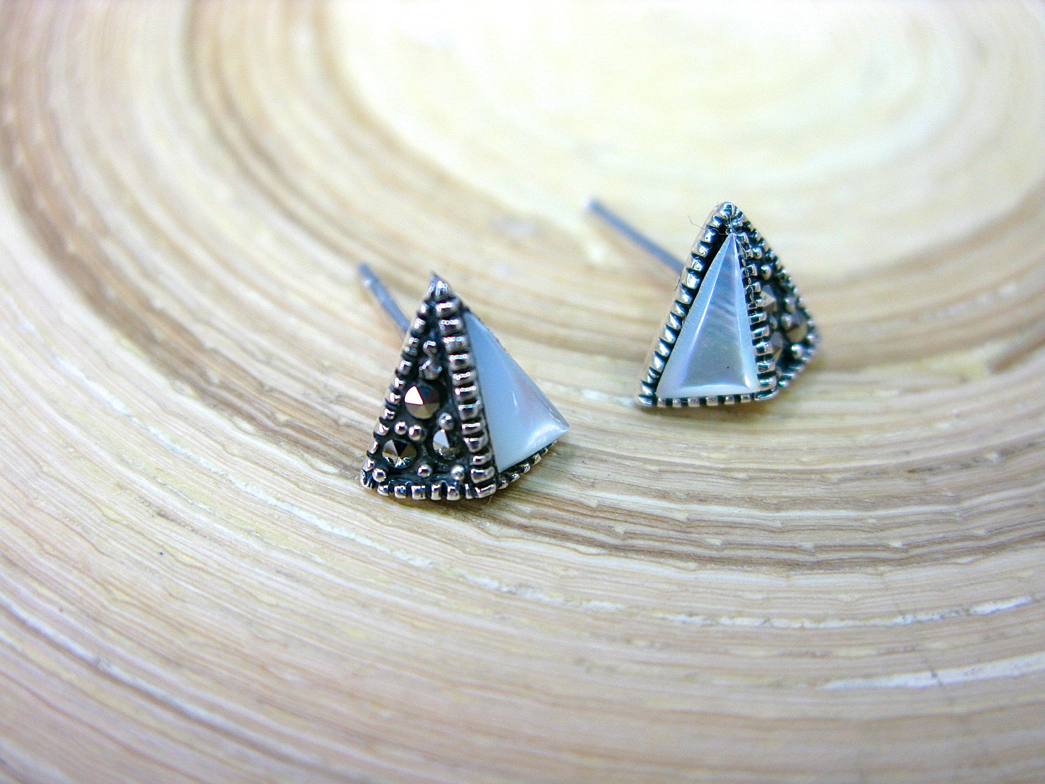 Triangle Marcasite Mother of Pearl 925 Sterling Silver Stud Earrings