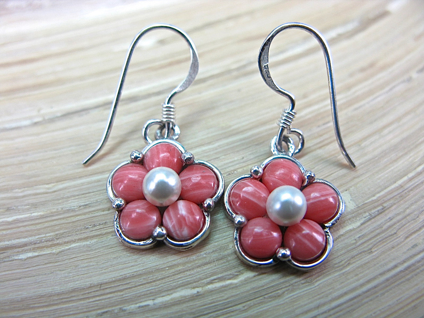 Rhodochrosite Pearl Flower Dangle 925 Sterling Silver Earrings Earrings Faith Owl - Faith Owl