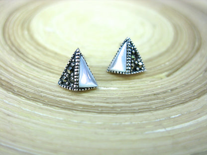 Triangle Marcasite Mother of Pearl 925 Sterling Silver Stud Earrings