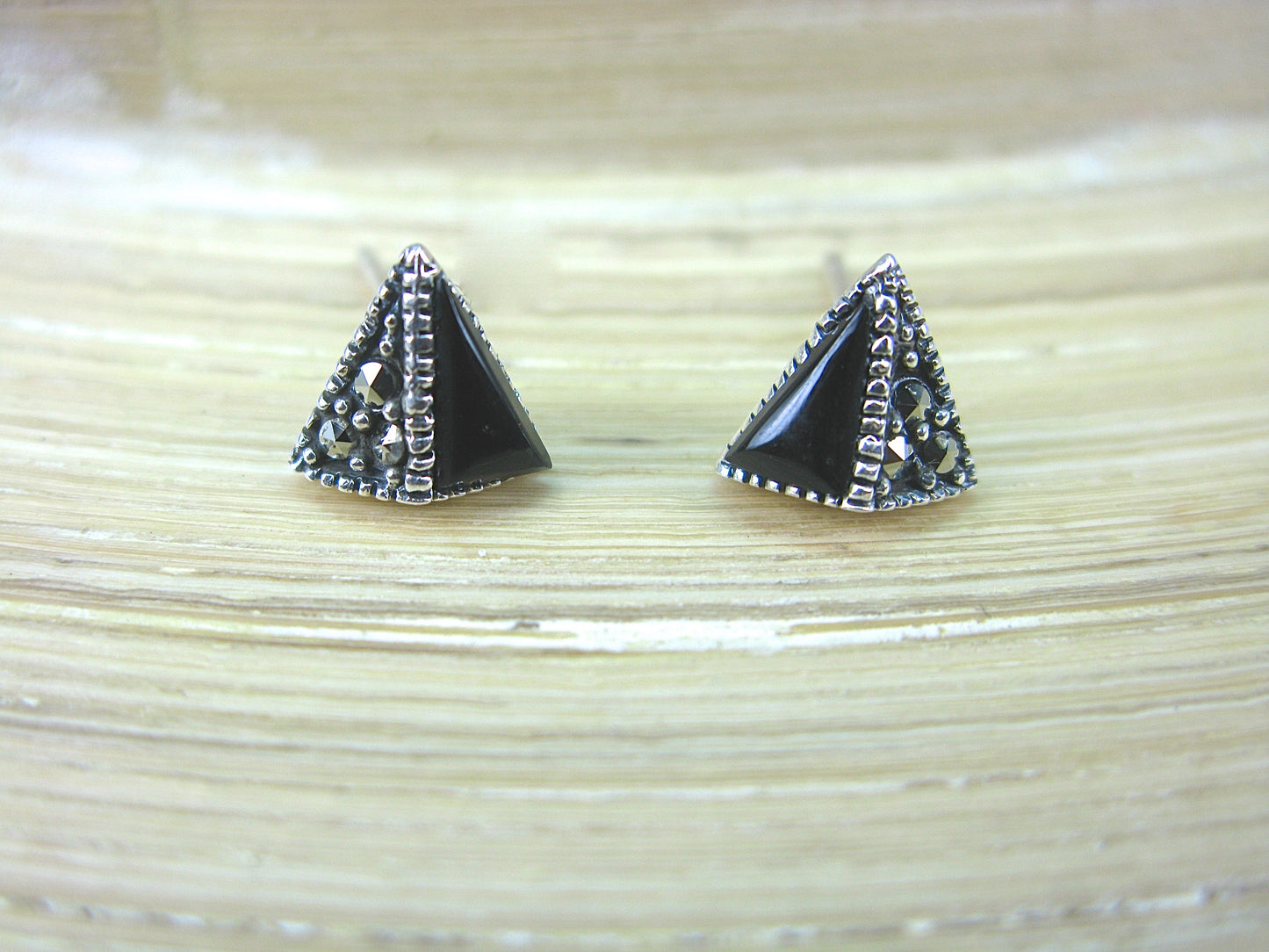 Triangle Marcasite Onyx 925 Sterling Silver Stud Earrings