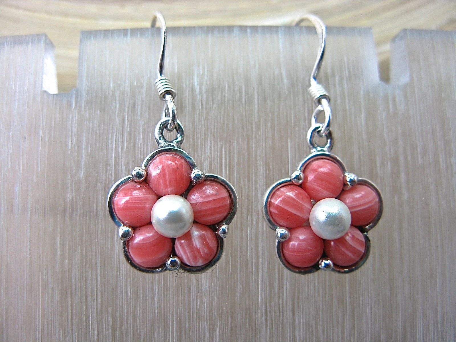 Rhodochrosite Pearl Flower Dangle 925 Sterling Silver Earrings Earrings Faith Owl - Faith Owl