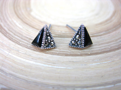 Triangle Marcasite Onyx 925 Sterling Silver Stud Earrings