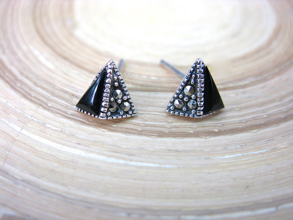 Triangle Marcasite Onyx 925 Sterling Silver Stud Earrings