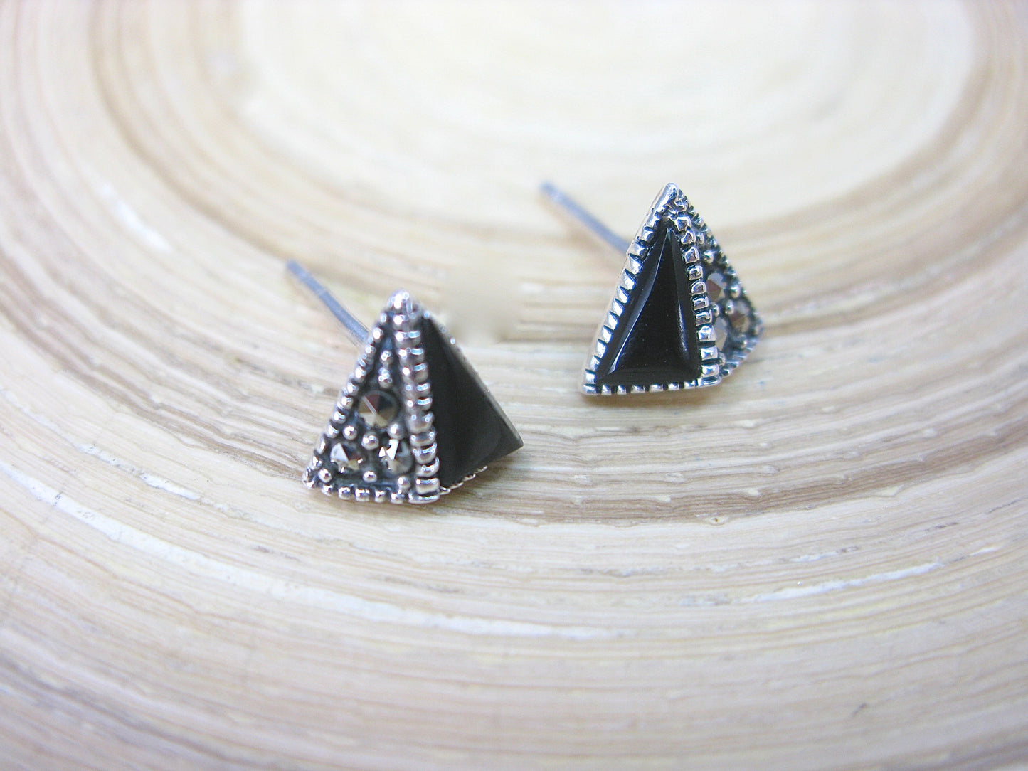 Triangle Marcasite Onyx 925 Sterling Silver Stud Earrings