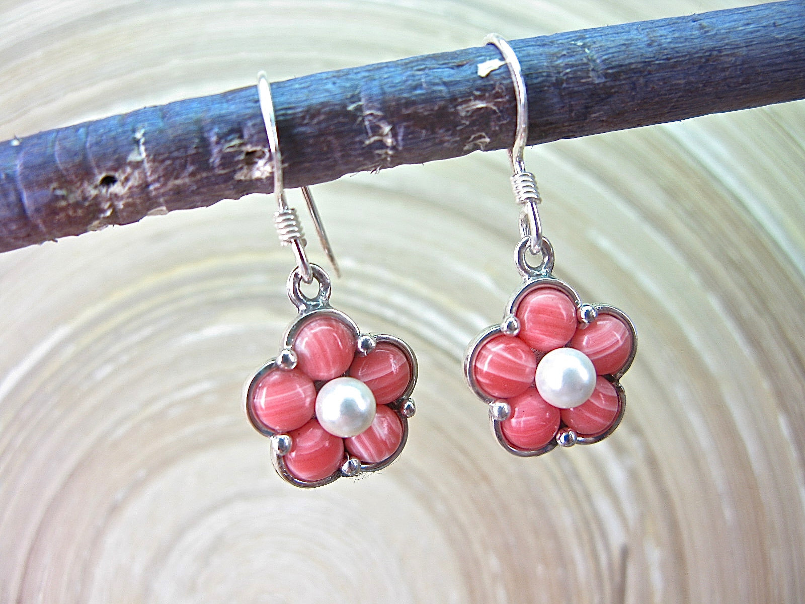 Rhodochrosite Pearl Flower Dangle 925 Sterling Silver Earrings Earrings Faith Owl - Faith Owl