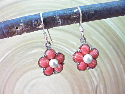 Rhodochrosite Pearl Flower Dangle 925 Sterling Silver Earrings Earrings Faith Owl - Faith Owl