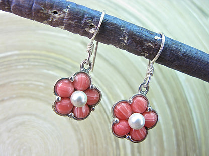 Rhodochrosite Pearl Flower Dangle 925 Sterling Silver Earrings Earrings Faith Owl - Faith Owl