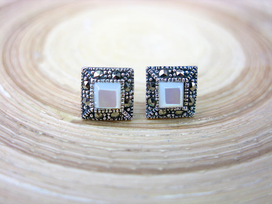 Square Marcasite Mother of Pearl 925 Sterling Silver Stud Earrings