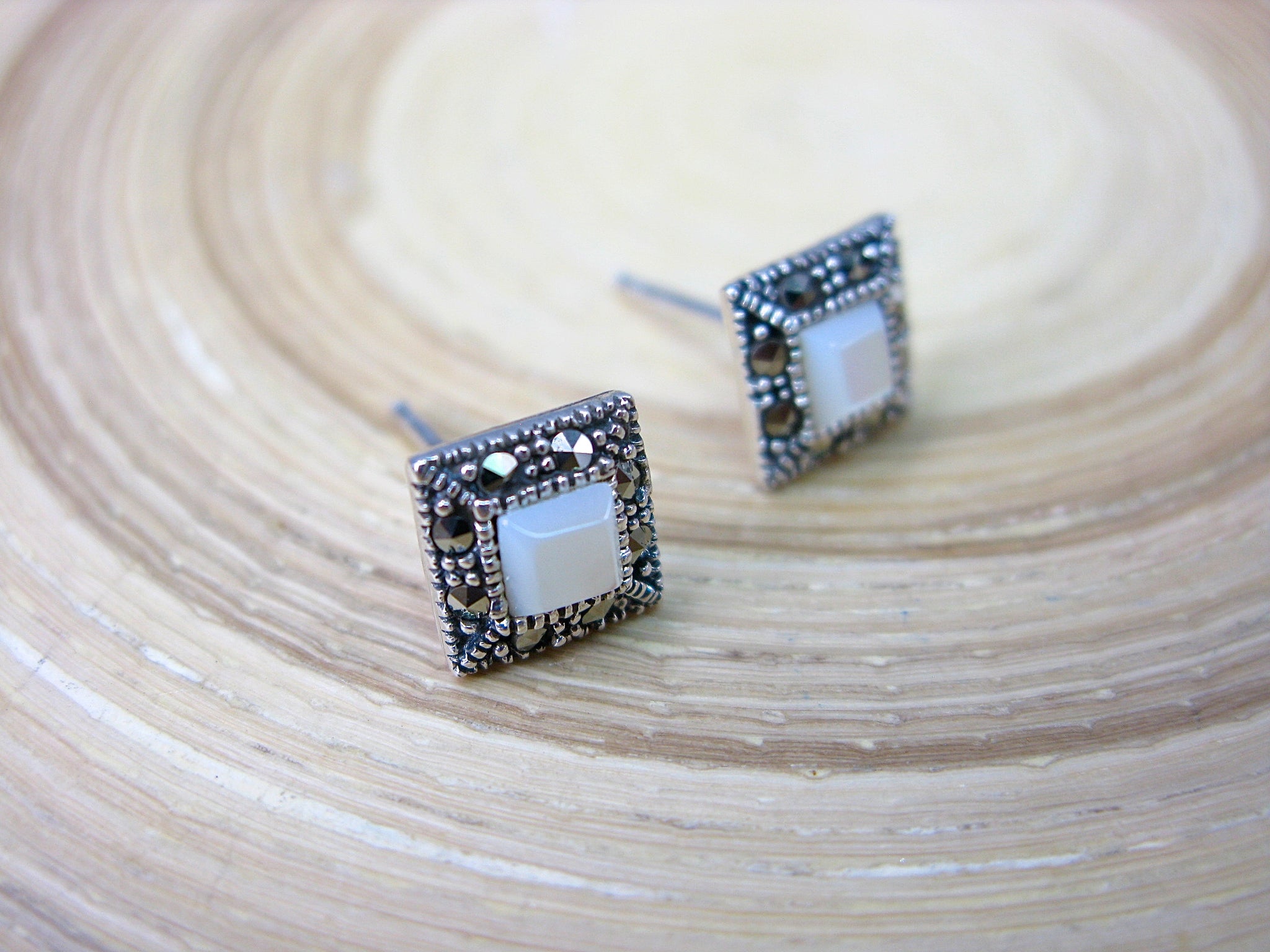 Square Marcasite Mother of Pearl 925 Sterling Silver Stud Earrings