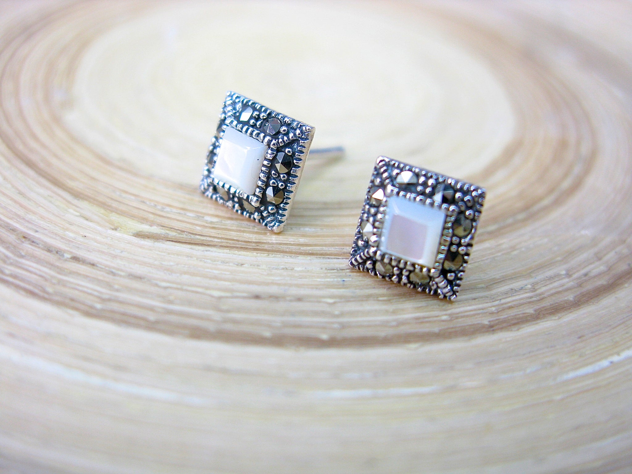 Square Marcasite Mother of Pearl 925 Sterling Silver Stud Earrings