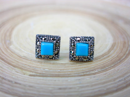 Square Marcasite Turquoise 925 Sterling Silver Stud Earrings