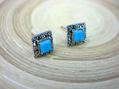 Square Marcasite Turquoise 925 Sterling Silver Stud Earrings