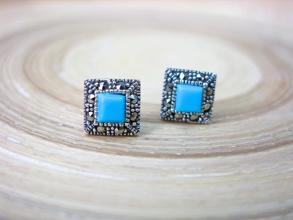 Square Marcasite Turquoise 925 Sterling Silver Stud Earrings