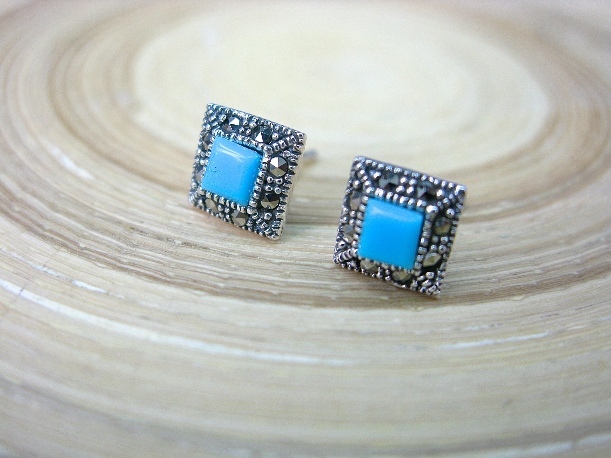 Square Marcasite Turquoise 925 Sterling Silver Stud Earrings