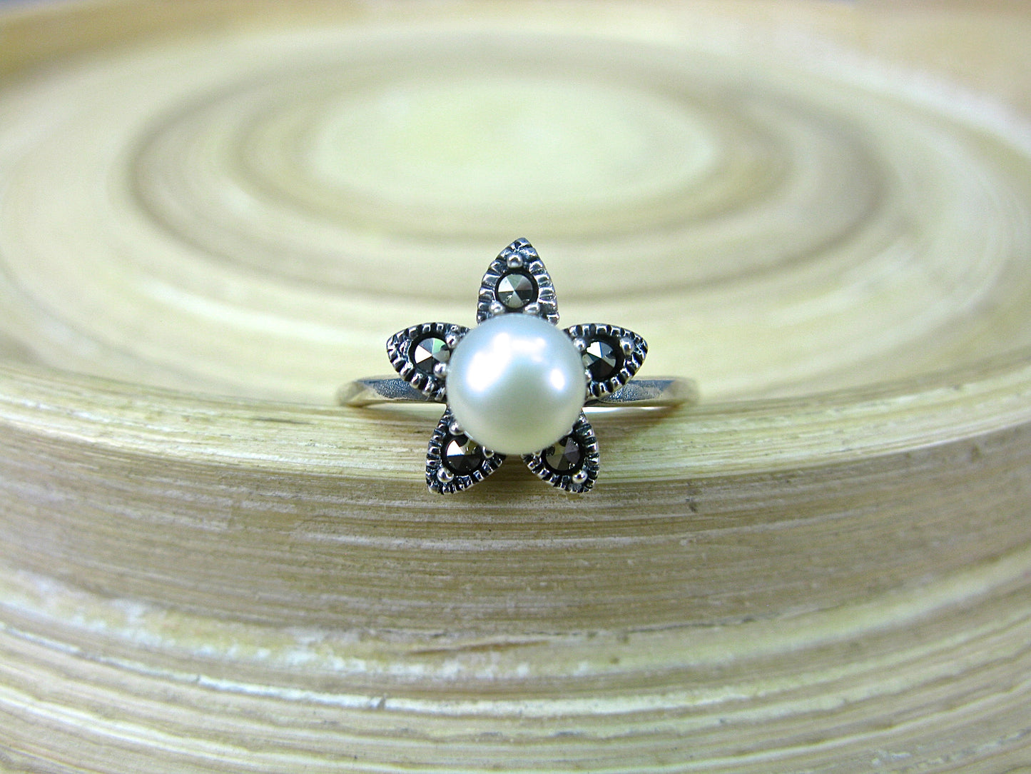 Star Marcasite Fresh Water Pearl 925 Sterling Silver Ring